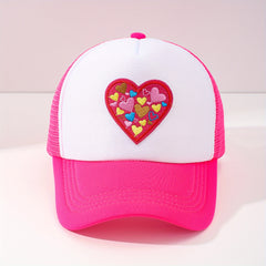 Heart Embroidery Cartoon Trucker Hat Rose Red Block Baseball Cap Mesh Breathable