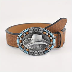 Western Cowboy Vintage Belt Embossed Leather Belt Bohemian Style Hat Buckle
