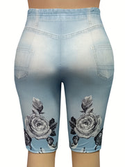 Women's Plus Denim & Floral Print High Rise Skinny Slight Stretch Shorts