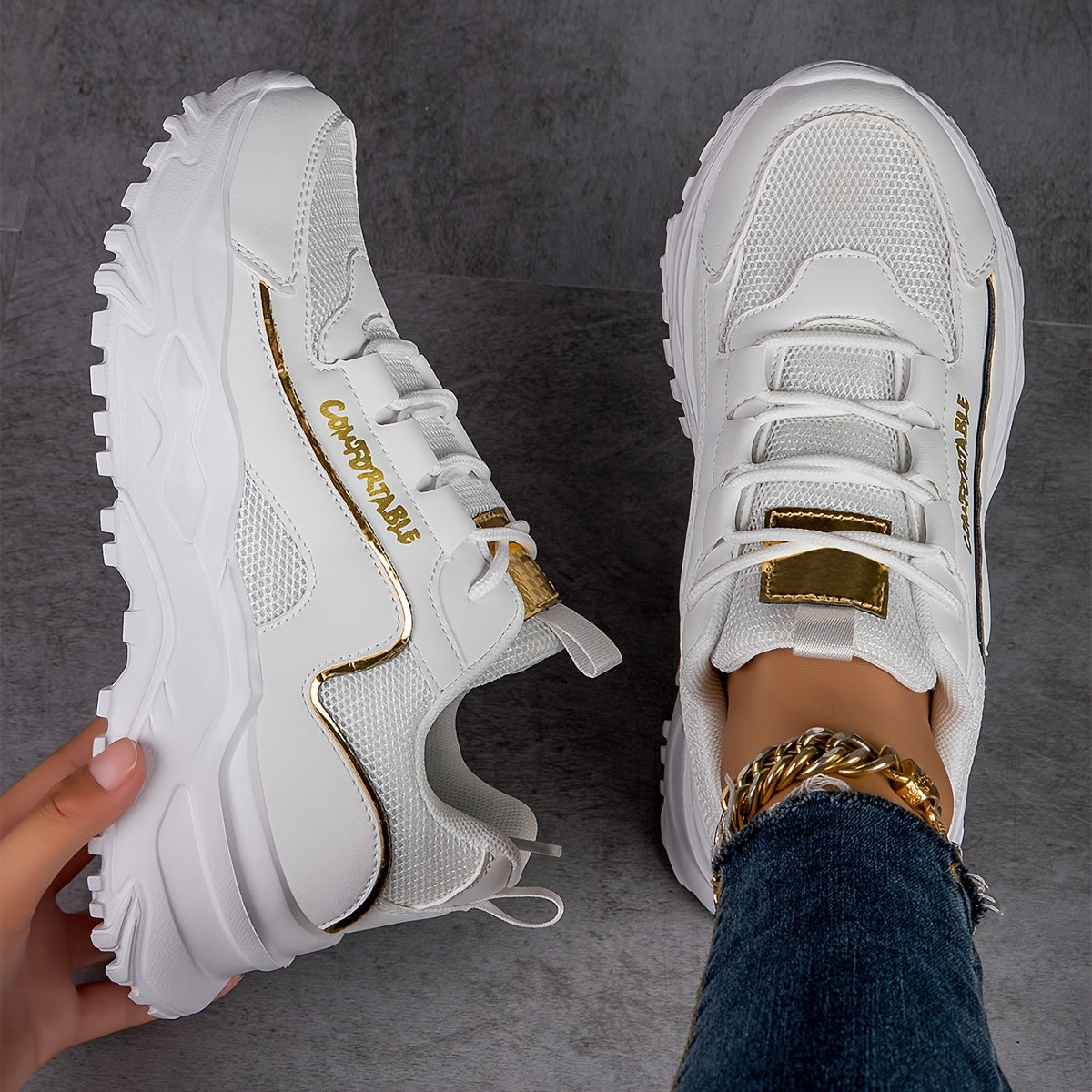 Faux Leather Chunky Sneakers Casual Wear Resistance Running Shoes