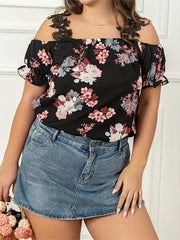  Women's Cold Shoulder Blouse Feather Print Lace Strap