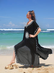 Boho Kaftan Dress Plus Size Floral Embroidered Batwing Sleeve V Neck