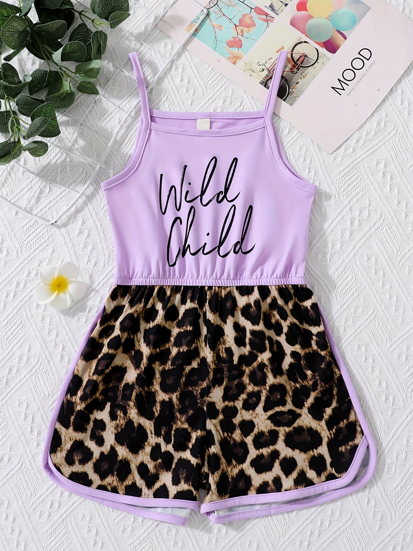Girls Leopard Stitching Cami Romper & Fit Kids Short Jumpsuit