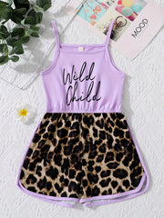 Girls Leopard Stitching Cami Romper & Fit Kids Short Jumpsuit
