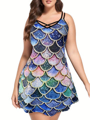  Mermaid Print Criss Cross V Neck Cami Dress