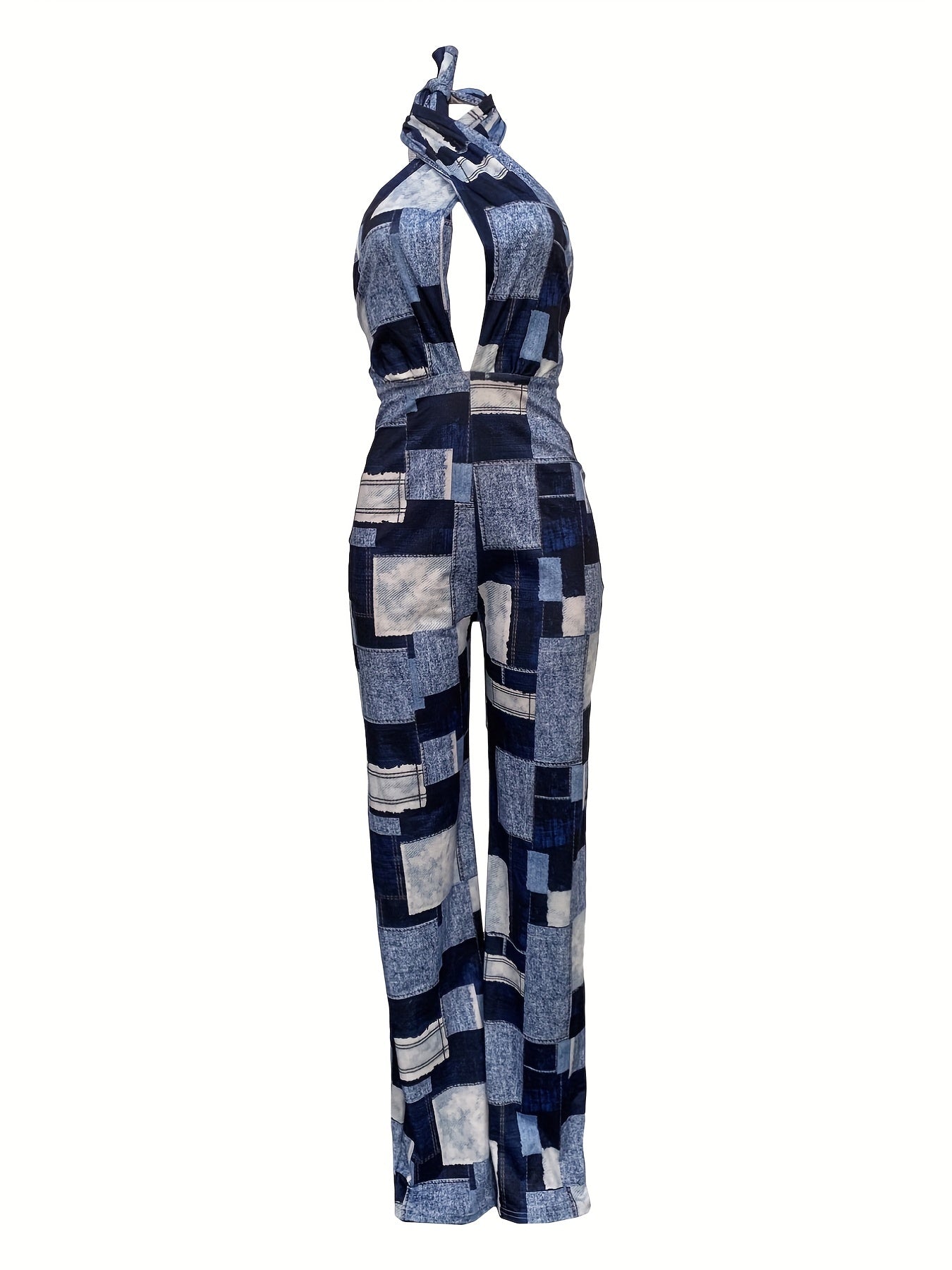 Plaid Print Deep V Neck Wide Leg Jumpsuit