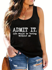  Casual Tank Top Women's Plus Letter Print Crew Neck Medium Stretch