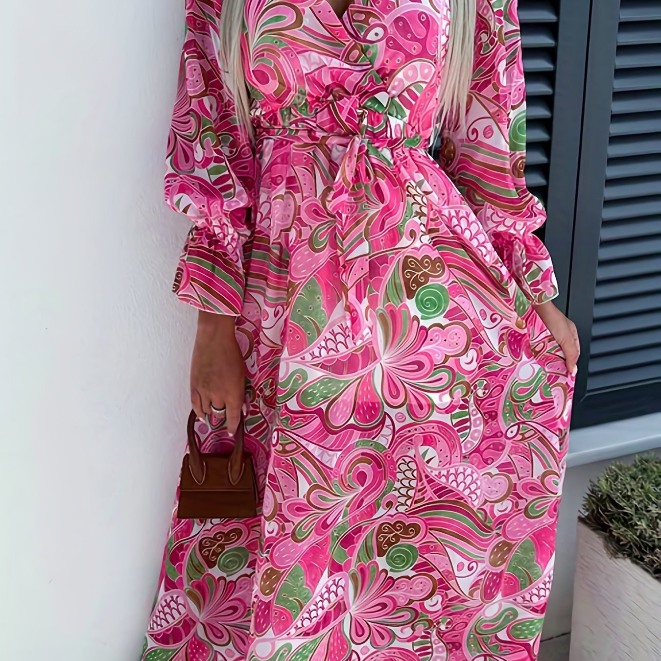  Allover Print Flounce Sleeve Maxi Dress