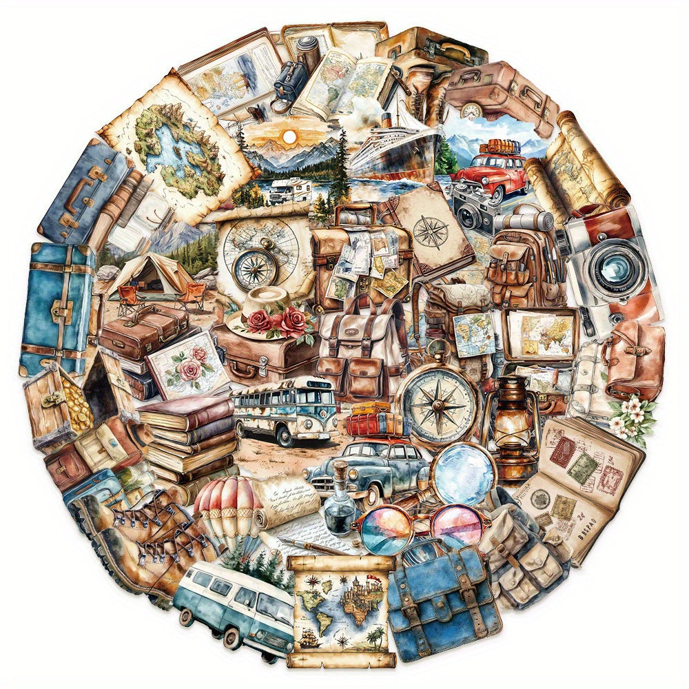 50pcs Vintage Travel Diary Stickers - Suitcase Map Compass Camera Designs