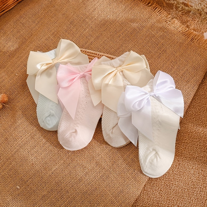 Girls' Retro Mesh Court Style Crew Socks, Big Bow Design