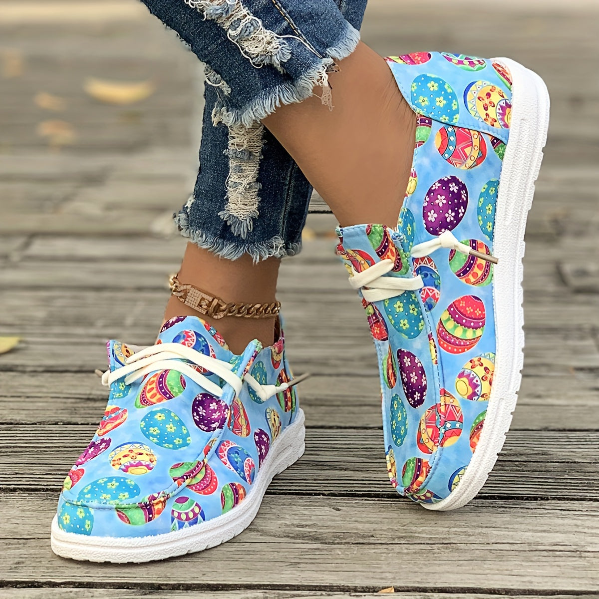 Women's Easter Egg Print Boat Shoes Lightweight Walking Flats Slip-on Sneakers