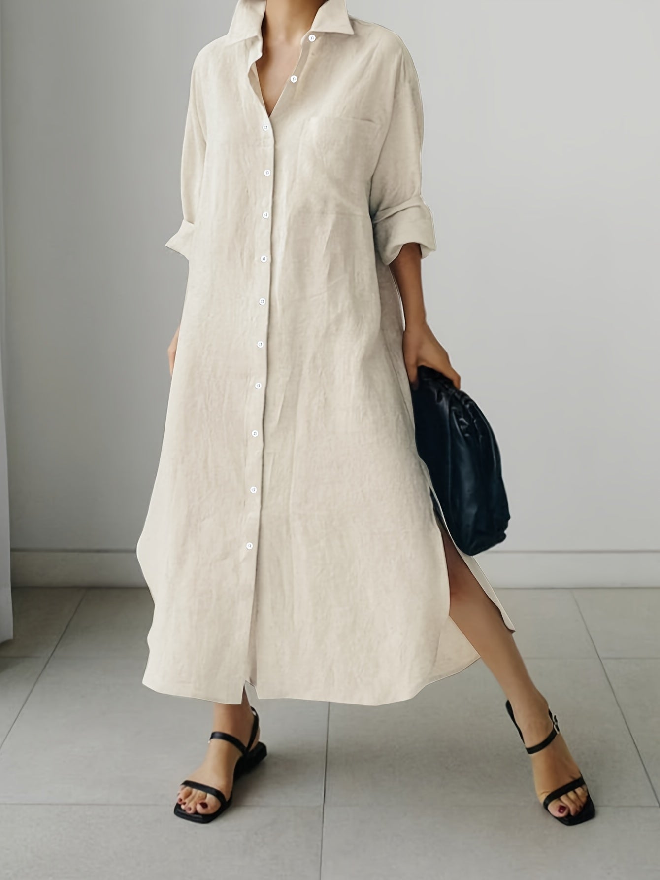  Solid Button Up Long Sleeve Maxi Shirt Dress