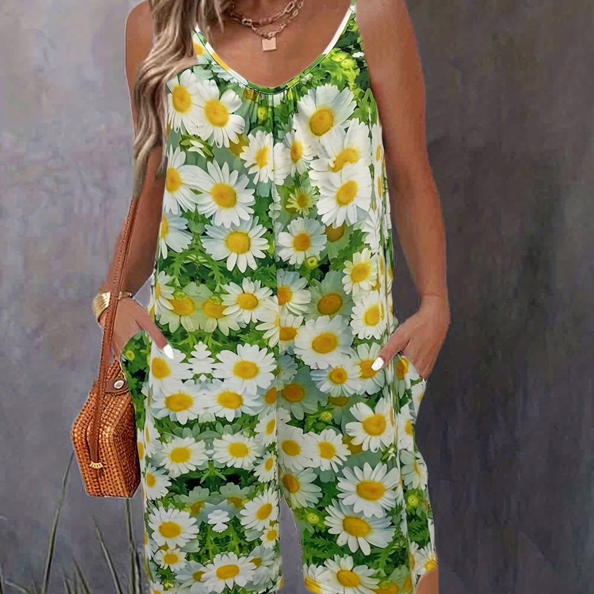 Daisy Spaghetti Strap Jumpsuit Sleeveless Short Length Women's Clothing