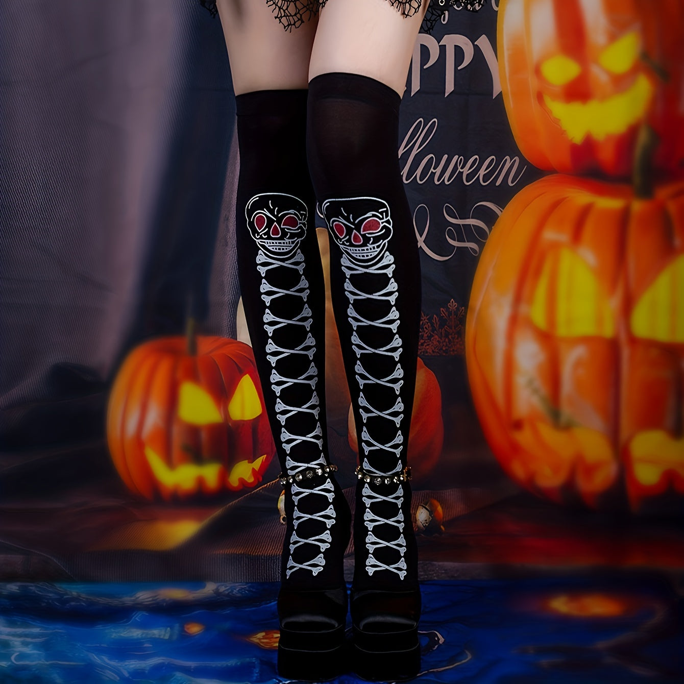 Halloween Skull Print Over The Knee Socks Women's Stockings