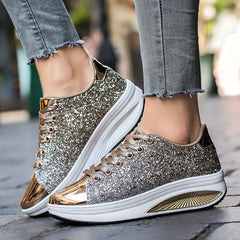 Women's Sequin Sparkly Wedge Lace Up Sneakers
