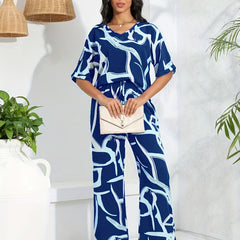 Abstract Print 2pc Set V Neck Half Sleeve Tops & Wide Leg Pants