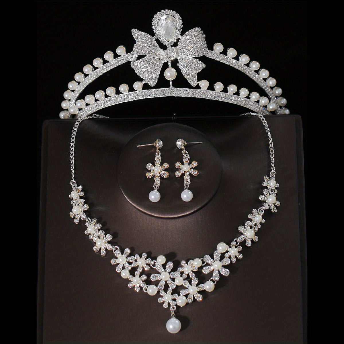 3pcs Wedding Crown Necklace Earrings Set Crown Jewelry