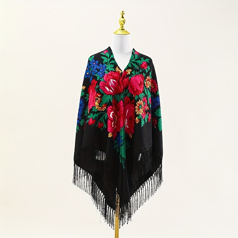 Boho Tassel Shawl Classic Flower Print Square Scarf Vintage Wraps for Women