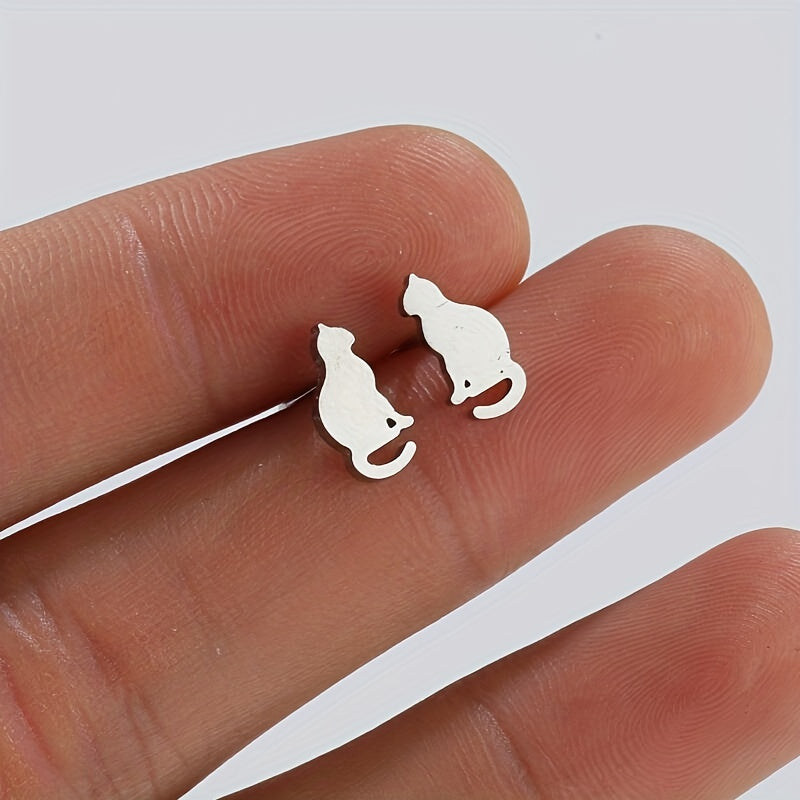 Small Stainless Steel Cat Stud Earrings For Men