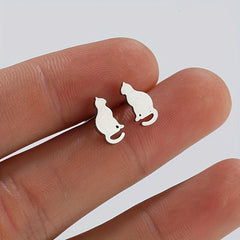 Small Stainless Steel Cat Stud Earrings For Men