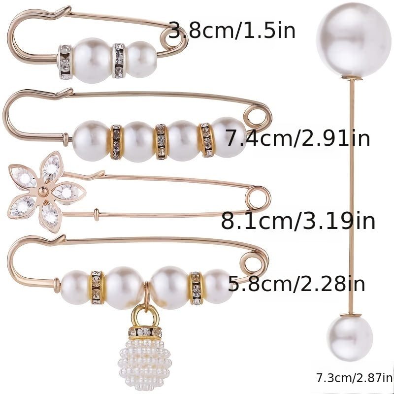 6Pcs Pearl Crystal Brooch Pins Pretty Corsage Pins Clothes Pants Elastic