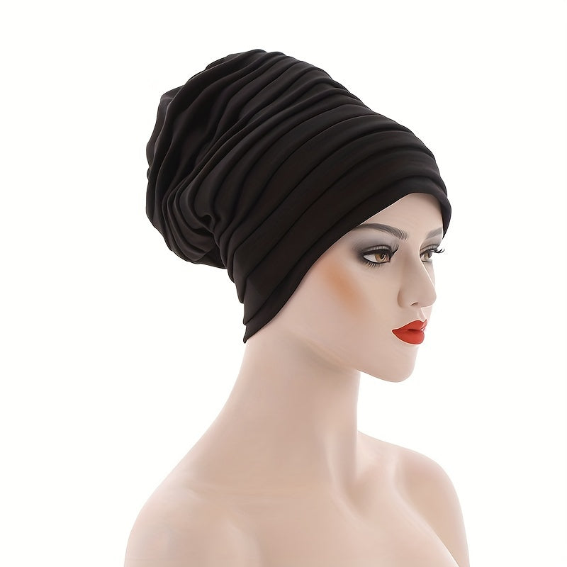 Layered Pleated Turban Cap Elastic Head Wrap Solid Ramadan Head Scarf