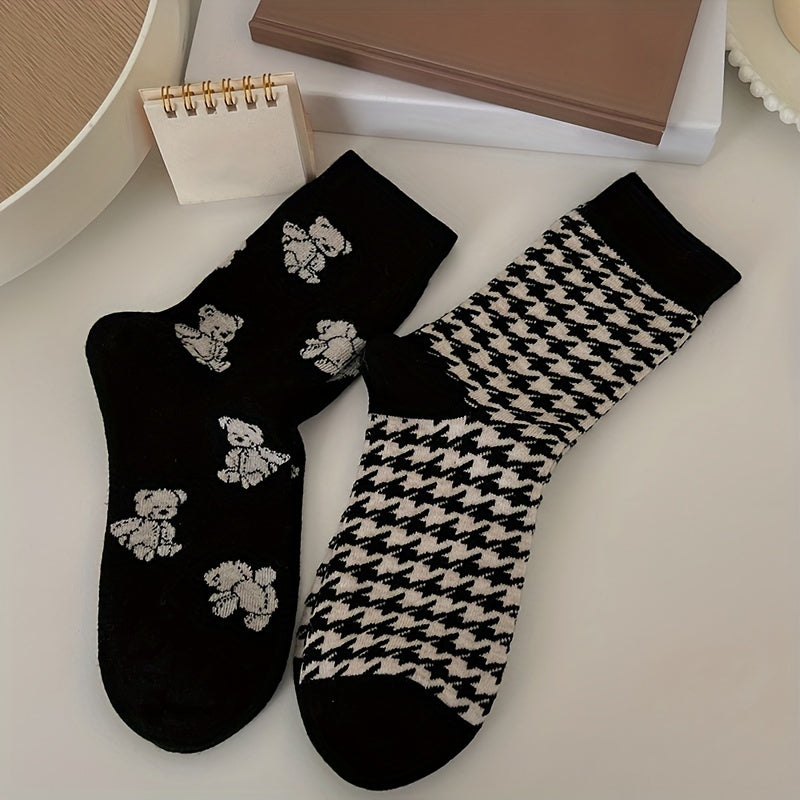 5 Pairs Bear & Floral Print Mid Tube Socks Women's Stockings