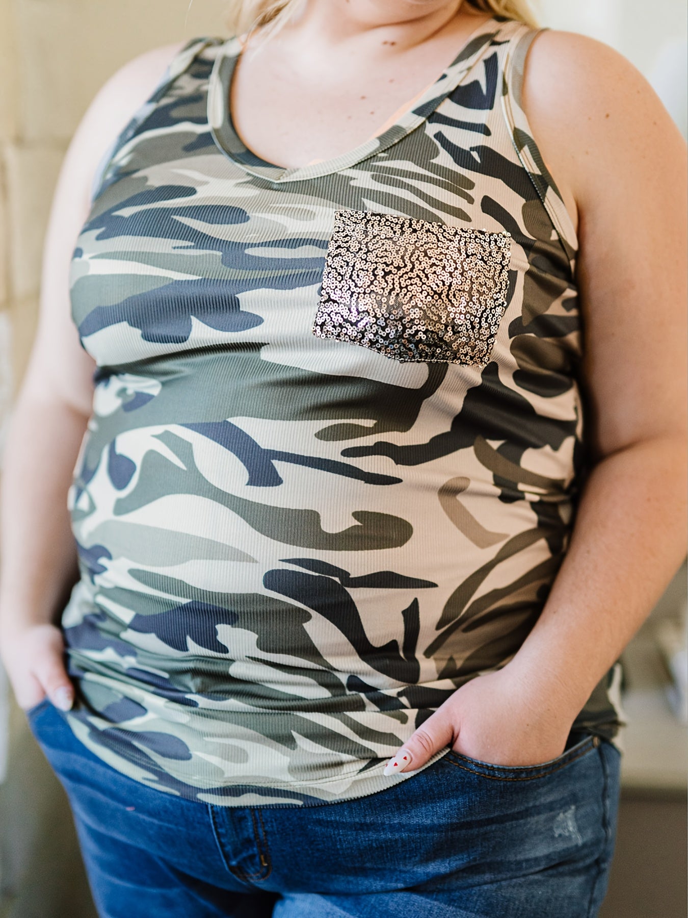  Camo Print Sequin Round Neck Tank Top