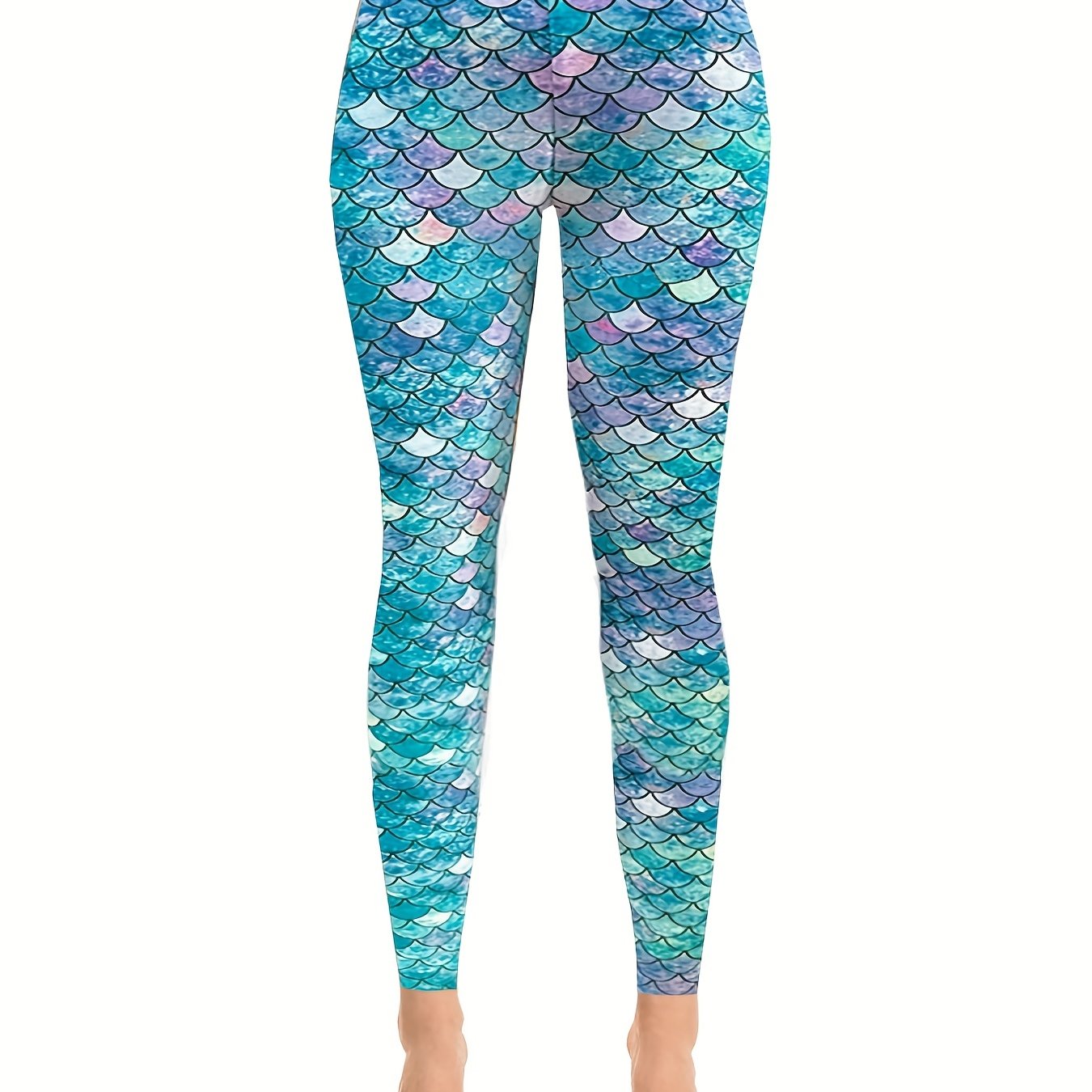 Fish Scale Print Stretchy Leggings Casual Skinny Leggings Women's Clothing