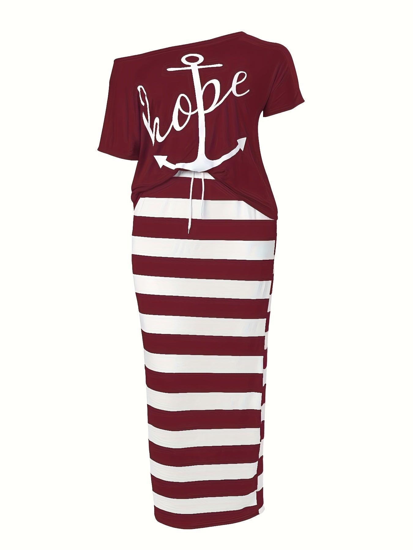 Women's Plus Anchor & Letter Print T shirt & Strip Slim Fit Skirt 2pcs Set