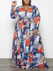  Colorblock V Neck Long Sleeve Maxi Dress Women's Plus