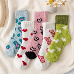 5 Pairs Heart Print Socks Warm & Cozy Women's Stockings Hosiery