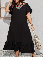  Colorblock Crochet V-Neck Ruffle Dress