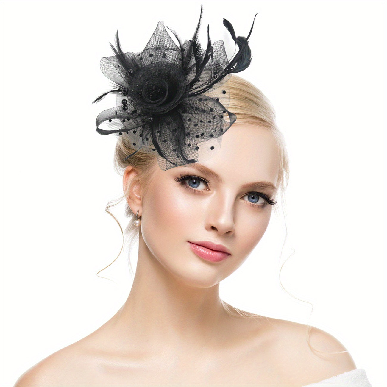 Mesh Flower Head Piece With Clip Faux Feather Fascinator