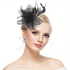 Mesh Flower Head Piece With Clip Faux Feather Fascinator