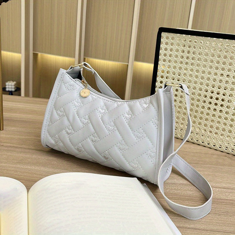 Quilted Heart Pattern Underarm Bag PU Leather Textured Bag Purse