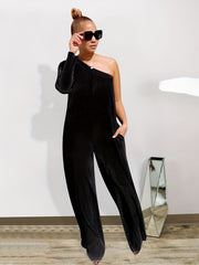One Shoulder Wide Leg Jumpsuit Long Sleeve
