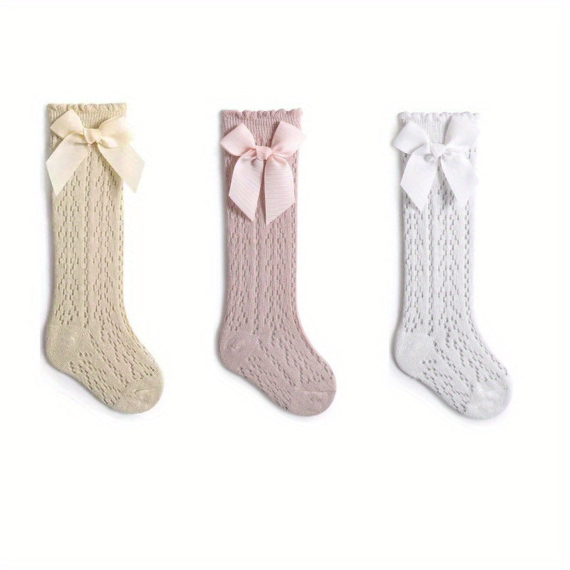 3 Pairs Baby Bow Princess Knee High Socks Toddler Infant Mesh Breathable