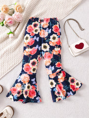 Boho Floral Print Bell Bottom Pants Elastic Waist Stretchy Fit Casual Trousers