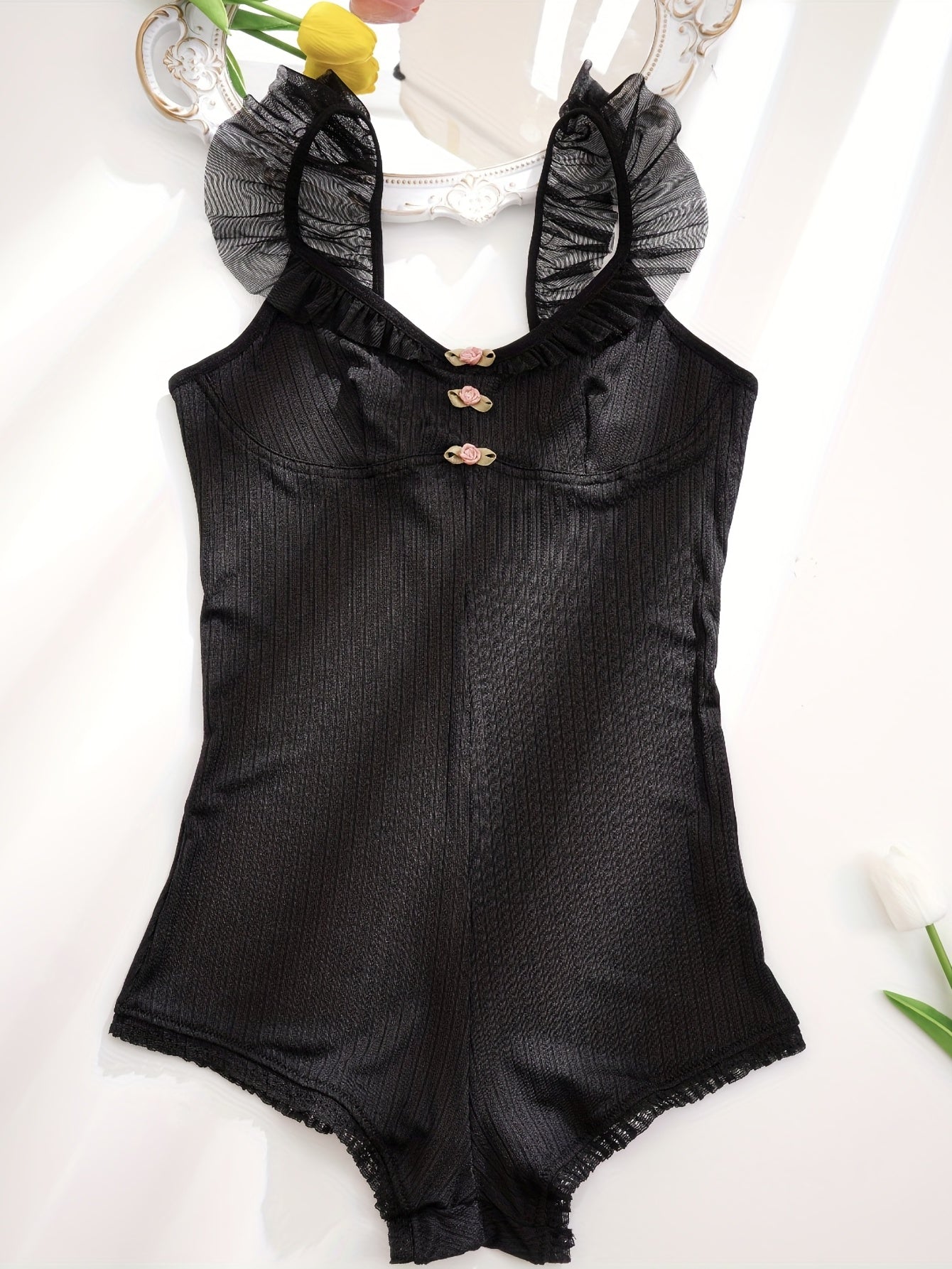 Lace Trim Ribbed Pajama Bodysuit & V Neck Sleeveless Pajamas