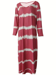 Women's Plus Stripe Print Long Sleeve V Neck Maxi Dress