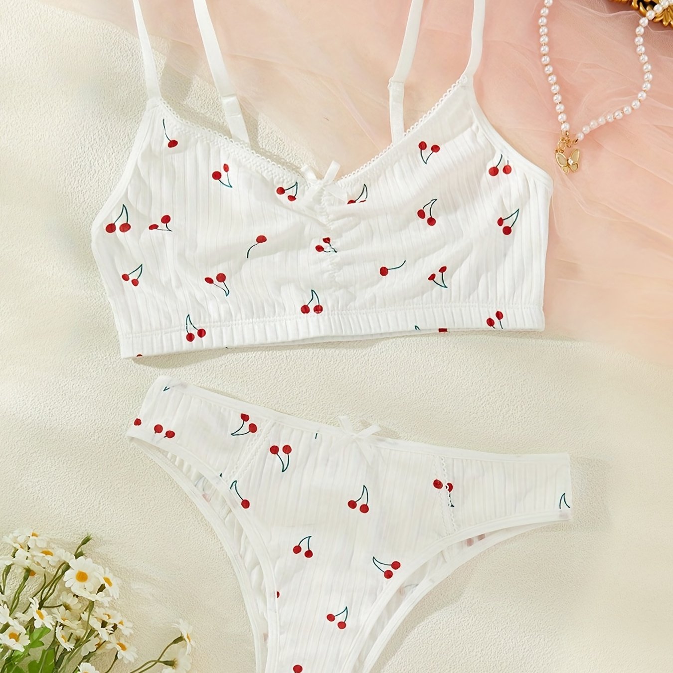 Cherry Print Bra & Panties Wireless Bra & Bow Tie Panties Set