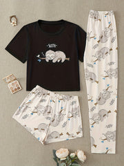 Sloth Print Pajama Set Short Sleeve Crew Neck Top & Shorts Women's Sleepwear