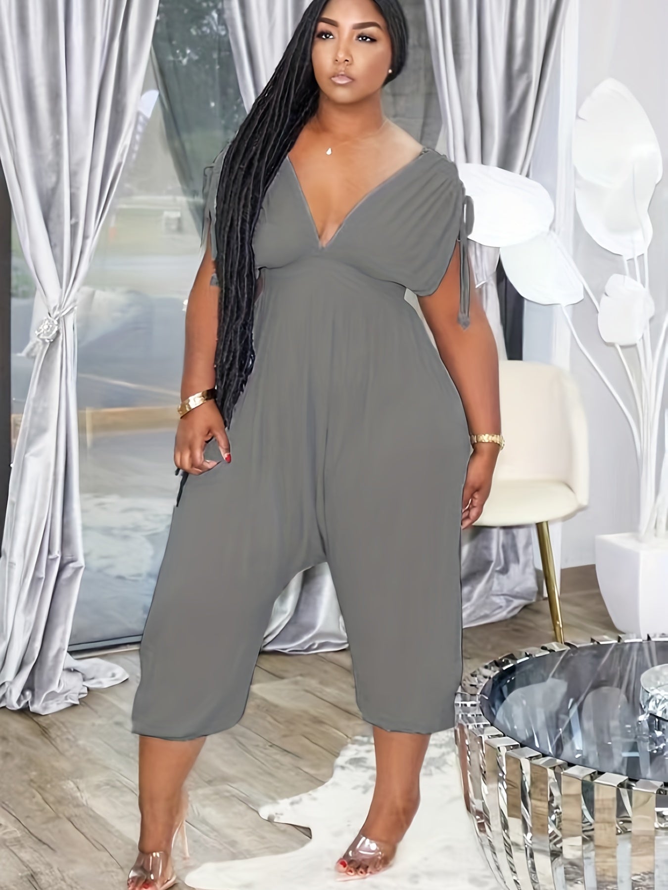 Plunge Neck Ruched Jumpsuit Wide Leg Cropped Jumpsuit