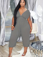 Plunge Neck Ruched Jumpsuit Wide Leg Cropped Jumpsuit