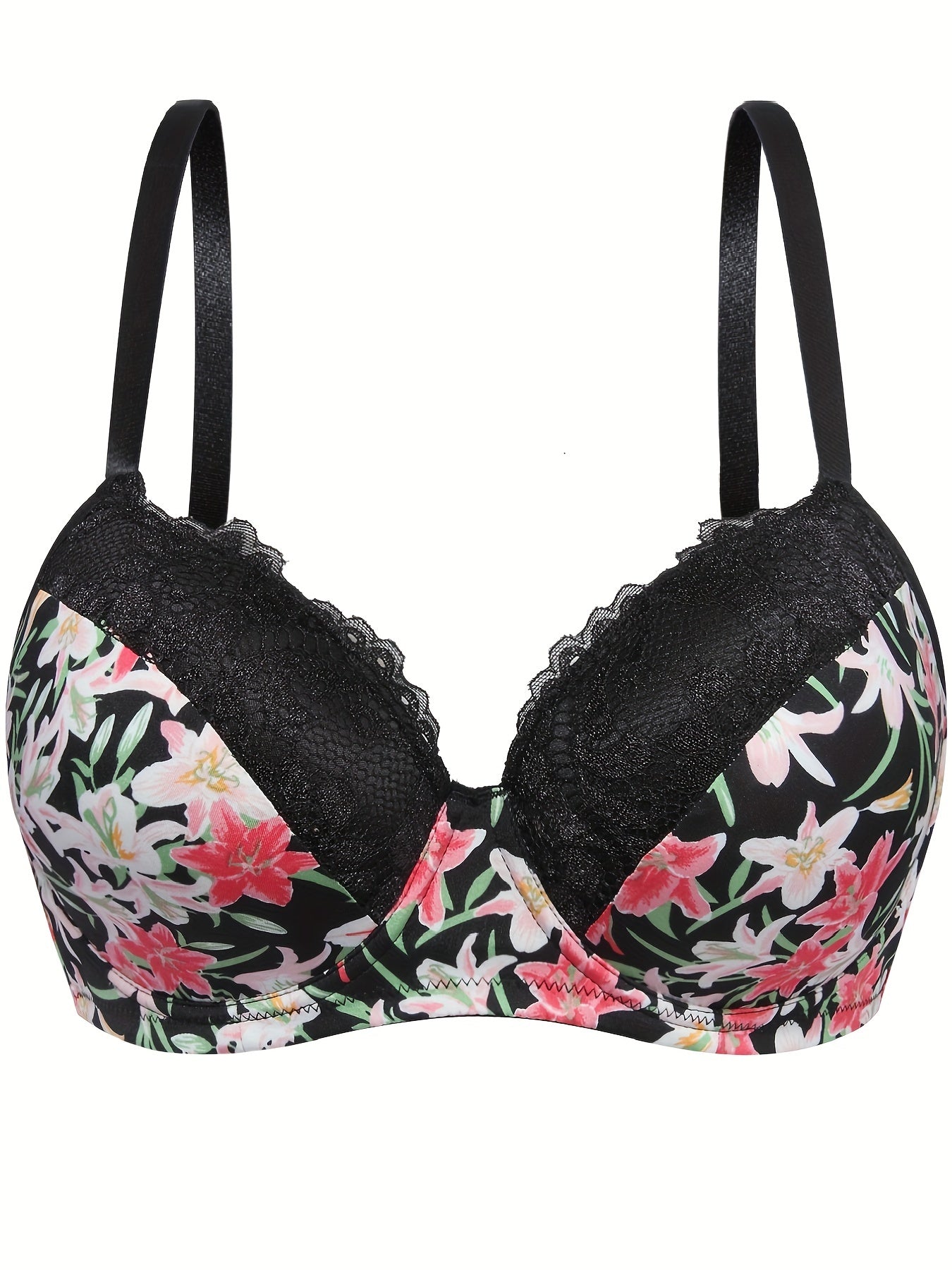  Sexy Bra Women's Plus Floral Print Lace Trim Underwire Molded Cup Bra