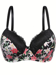  Sexy Bra Women's Plus Floral Print Lace Trim Underwire Molded Cup Bra