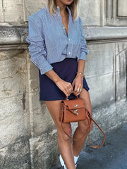 Stripe Print Button Up Long Sleeve Blouse