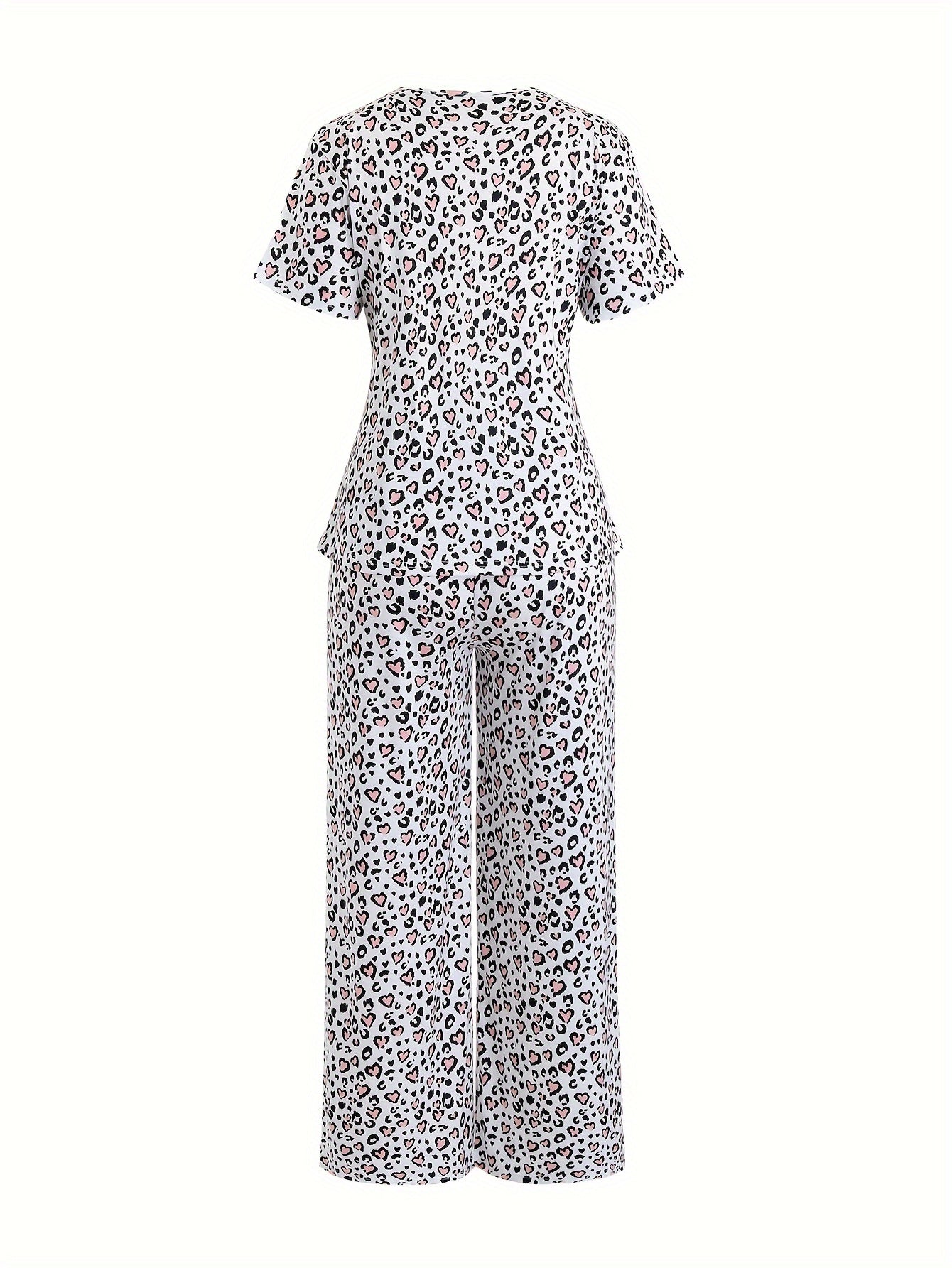  Heart Leopard Pajama Set Short Sleeve Tee & Pants Home Wear