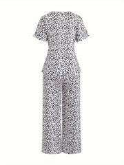 Heart Leopard Pajama Set Short Sleeve Tee & Pants Home Wear